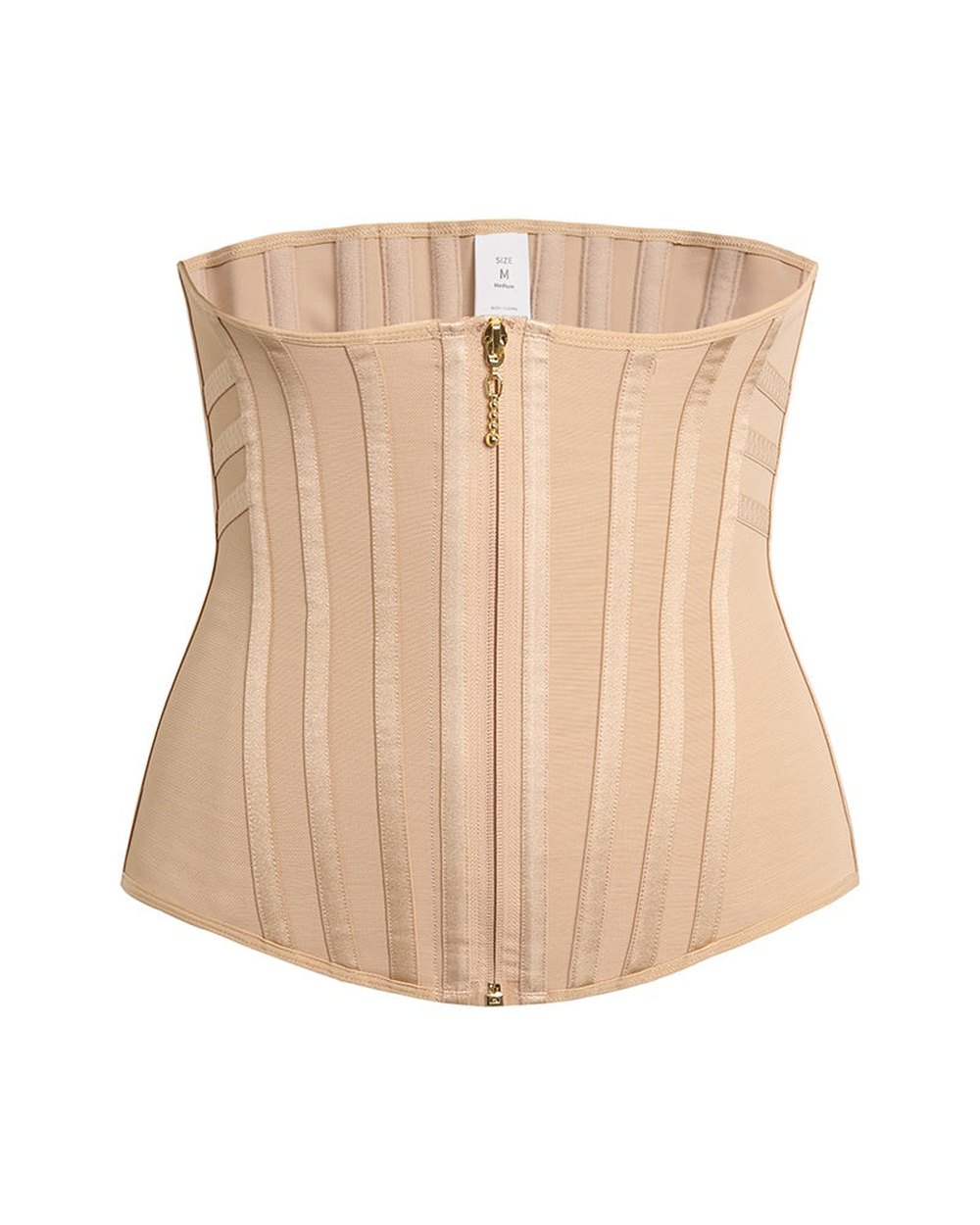 The corset flat, front, showing the centre zip
