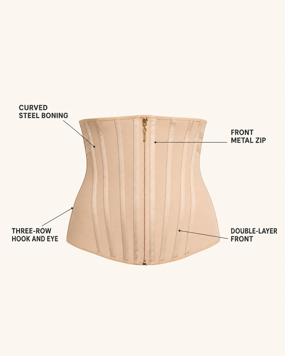 Construction callouts: boning, hooks, zip and double-layer front